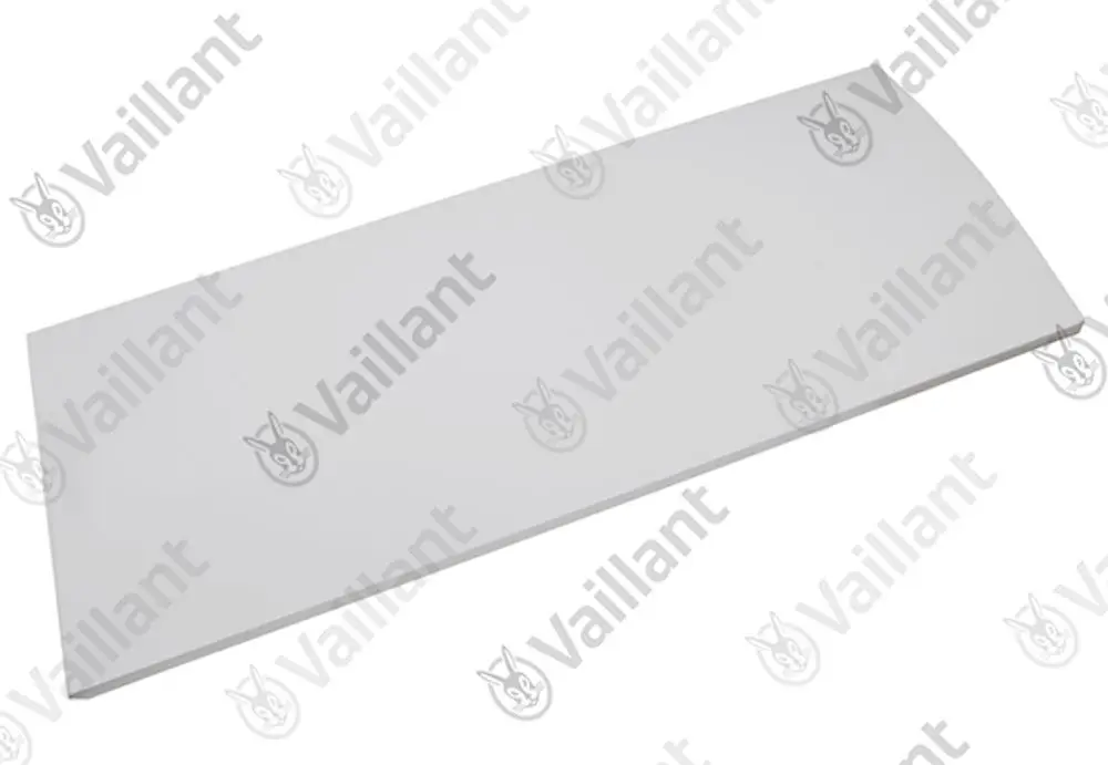 Vaillant Frontblech, flache, rechteckige Plattenform in neutraler Farbe, geeignet für Heizungsanwendungen, einfache Montageanleitung in der Produktverpackung.